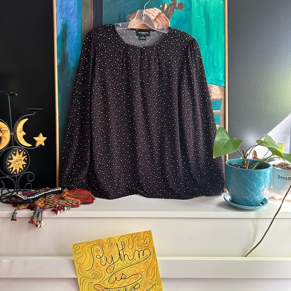 Liz Claiborne Women’s Size Medium Black White Dotted Keyhole Pullover Blouse - Picture 2 of 14